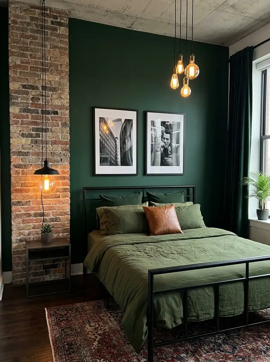 12.Edgy Industrial Glamour in Forest Green (Green Bedroom Ideas)