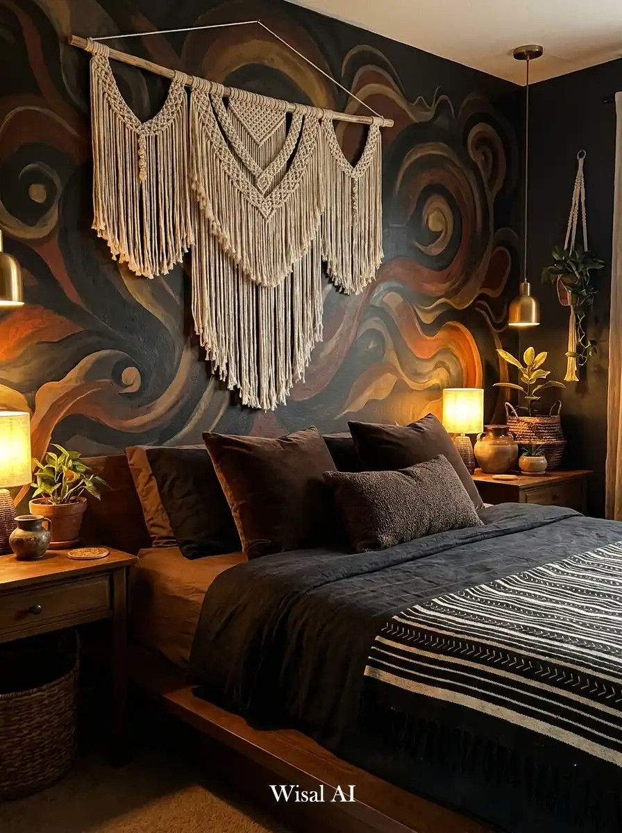 24.Elegant BOHO Bedroom Idea: The Dark Moody Clay Mural