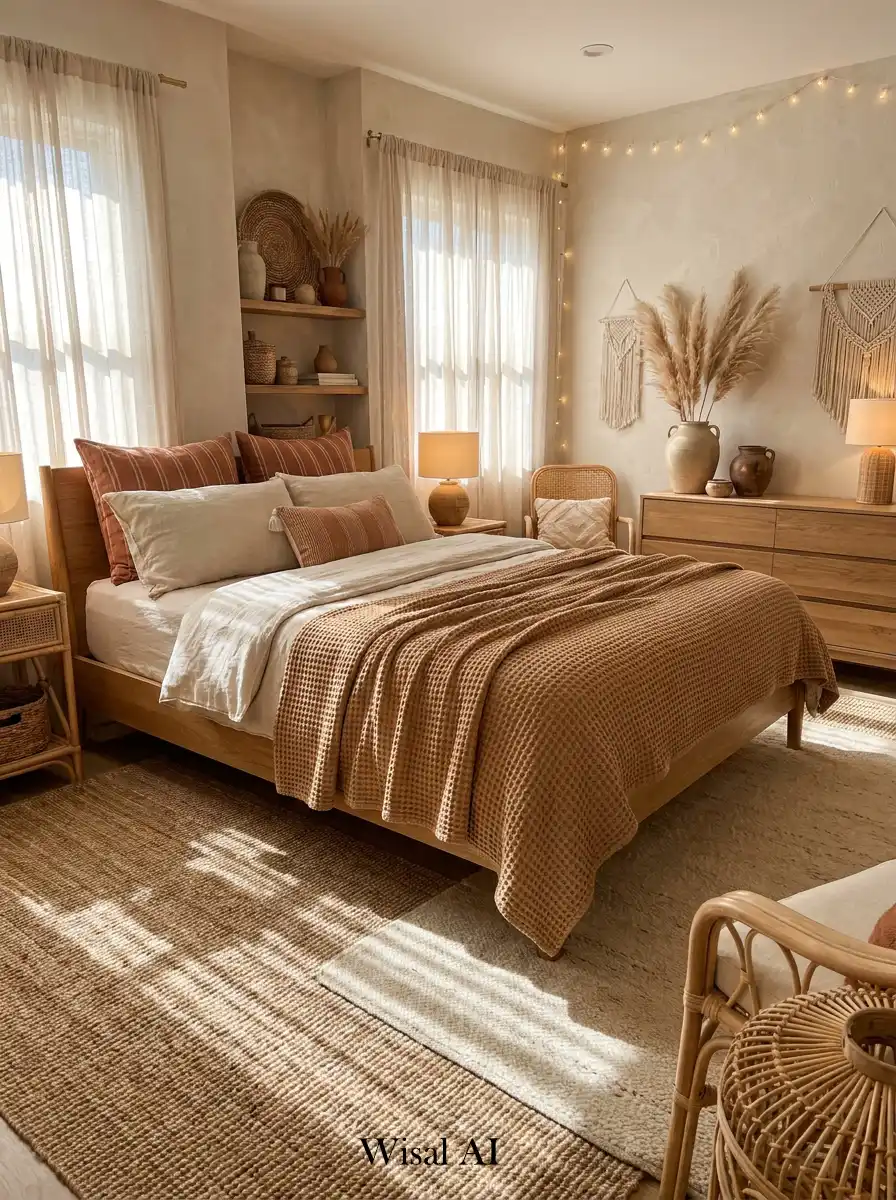 1.Elegant BOHO Bedroom Idea: The Earthy Textural Layer