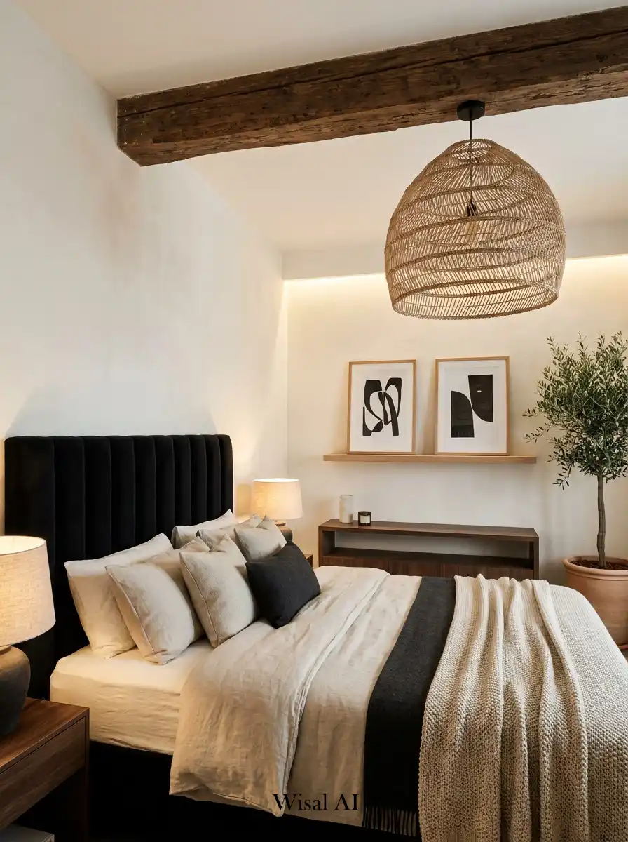 14.Elegant BOHO Bedroom Idea: The Modern Noir & Timber Sanctuary