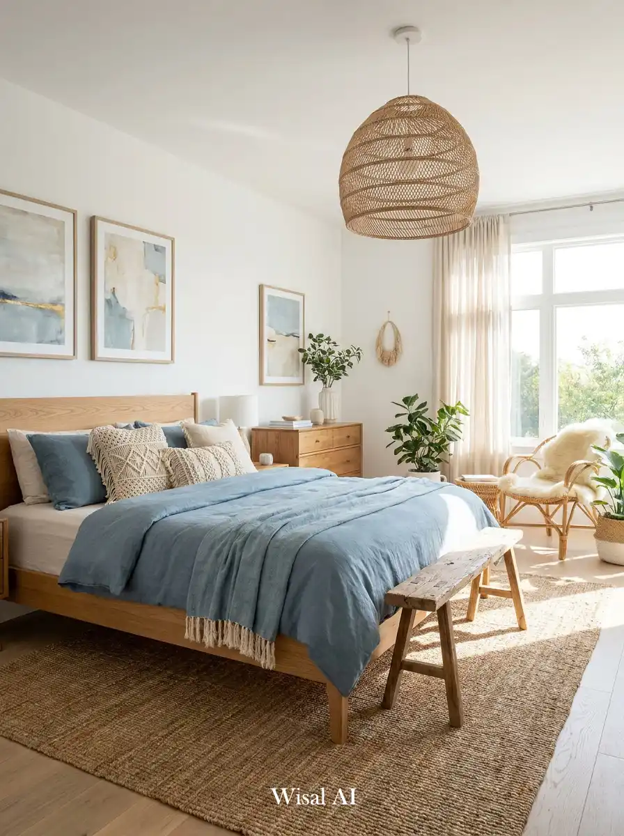 19.Elegant BOHO Bedroom Idea: The Serene Azure & Jute Haven