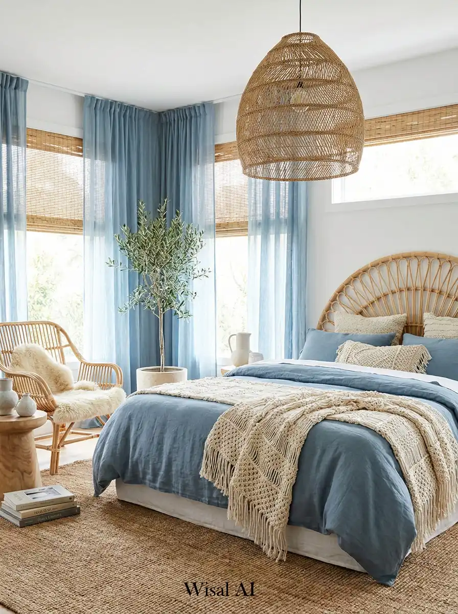 8.Elegant BOHO Bedroom Idea: The Serene Azure & Rattan Sanctuary