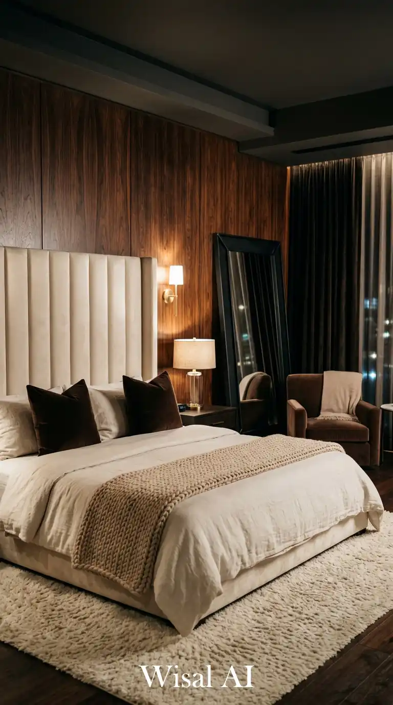 Elegant Quiet Modern Bedroom with Tall Headboard