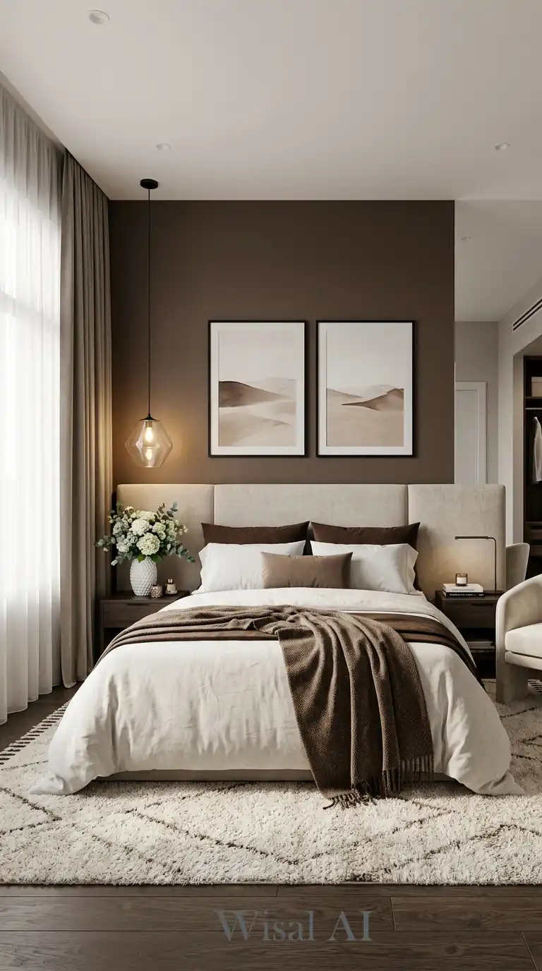 1.Elevated Aesthetics: Creating a Luxury Brown and White Bedroom with Sculptural Depth