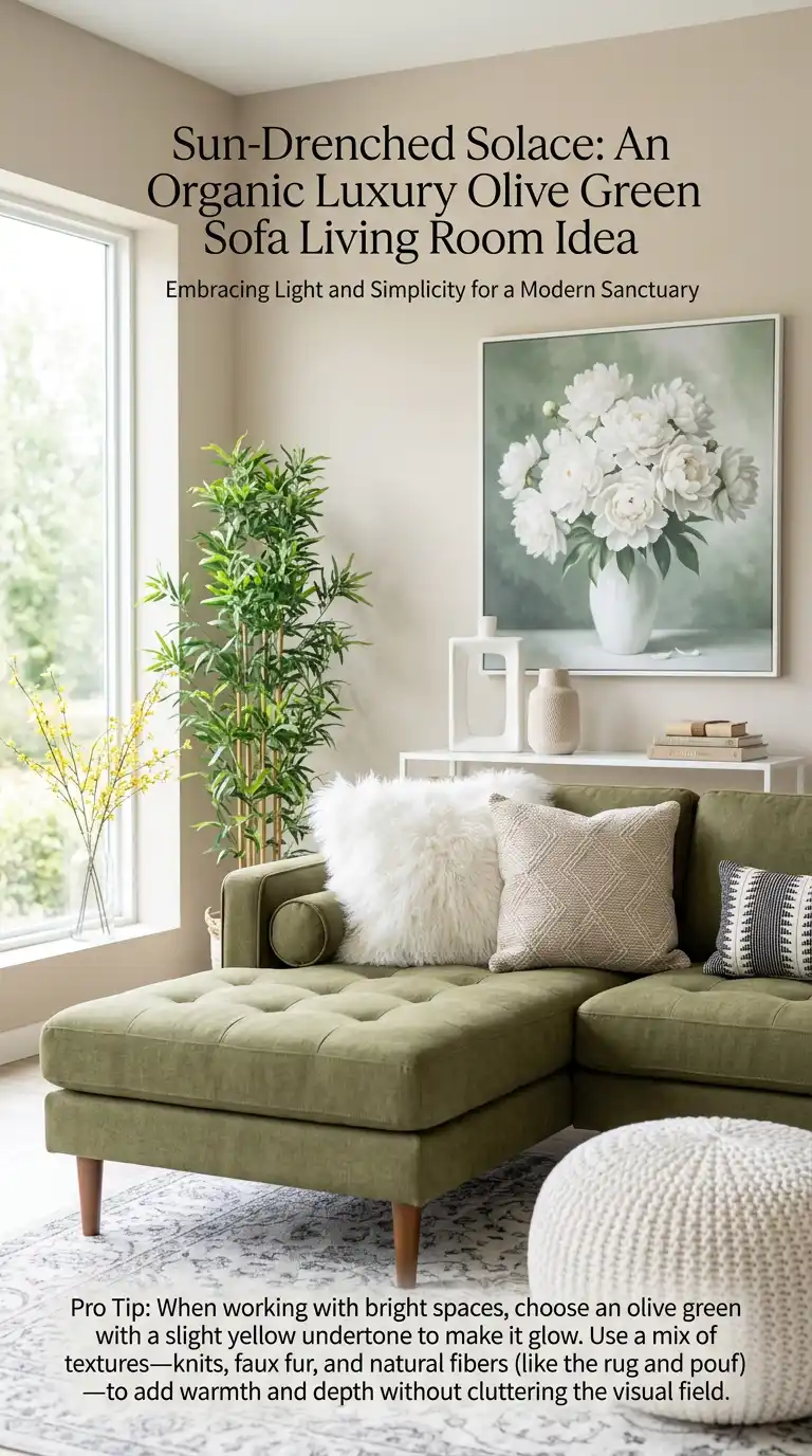 22.Elevating a Bright Minimalist Corner Using an Olive Green Sofa as a Natural Focal Point