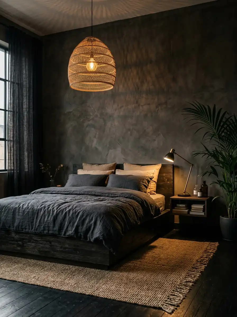 21.Embracing the Void: Concrete, Rattan, and Warm Brass for a Contemporary Dark Cozy Bedroom Design