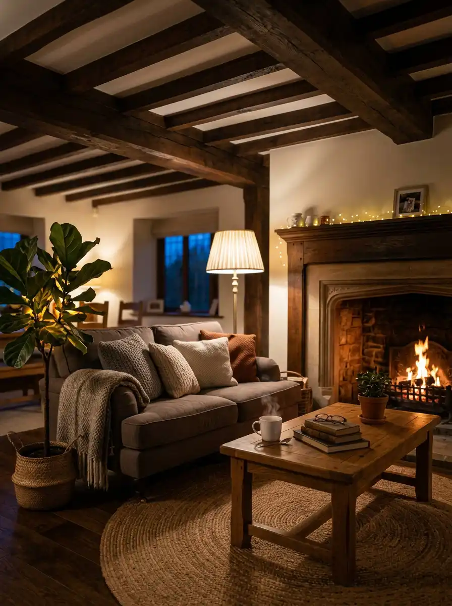 23. Evening Glow and Timber Beams: A Cozy Living Room Idea