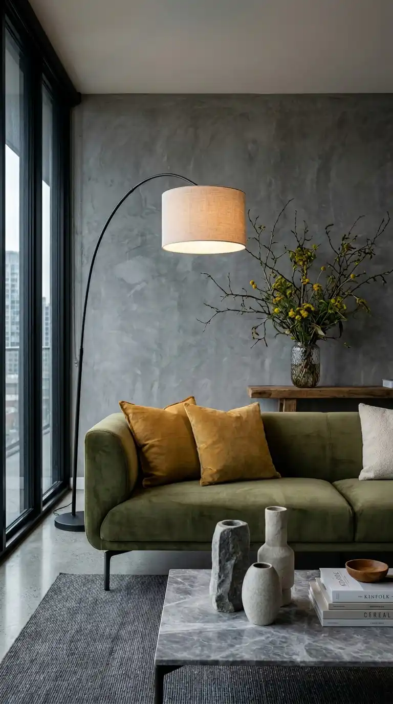 23.Exploring Contemporary Luxury with Architectural Lines and a Modern Olive Green Sofa