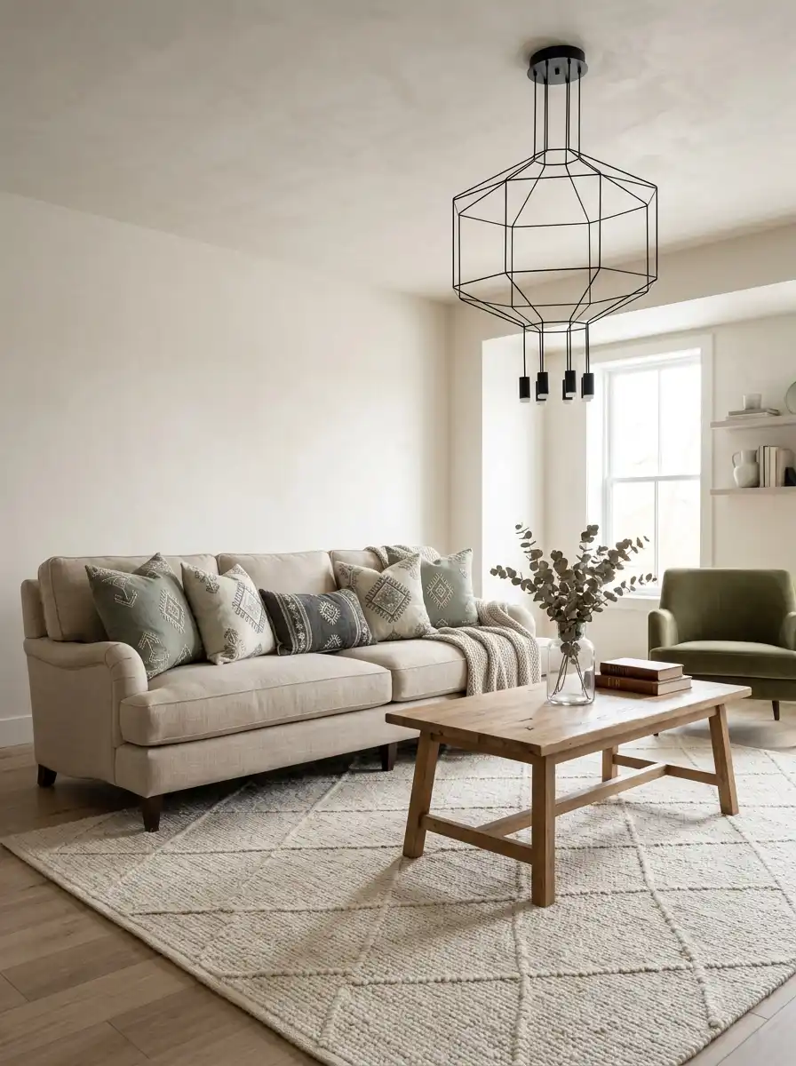 39.Geometric Softness: Cozy Living Room Idea