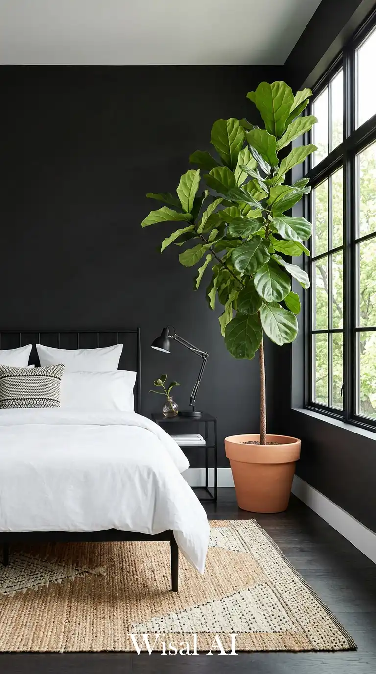 Greenery and Light: The Natural Side of a Black and White Bedroom Idea