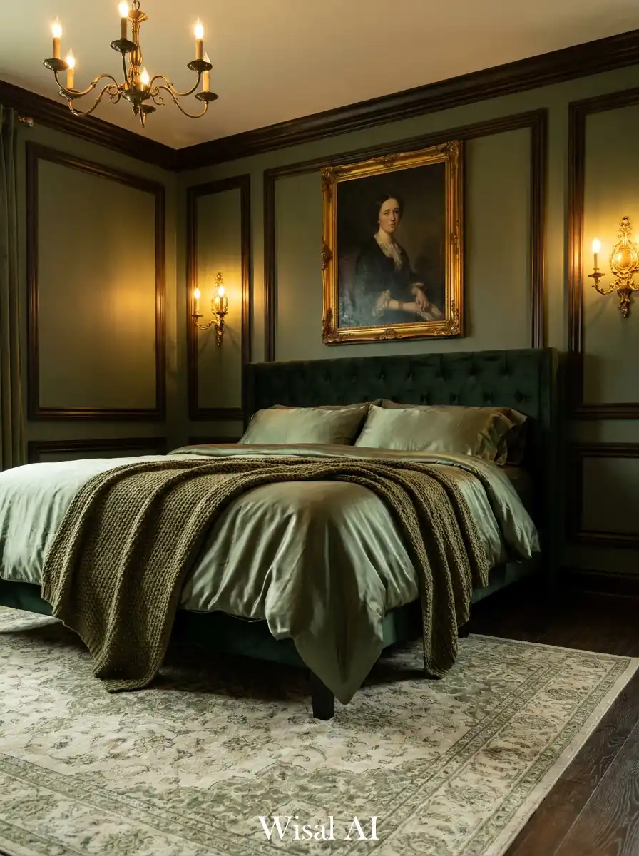 29.Heritage Gold & Olive Reflection : A Luxury Sage Green Bedroom