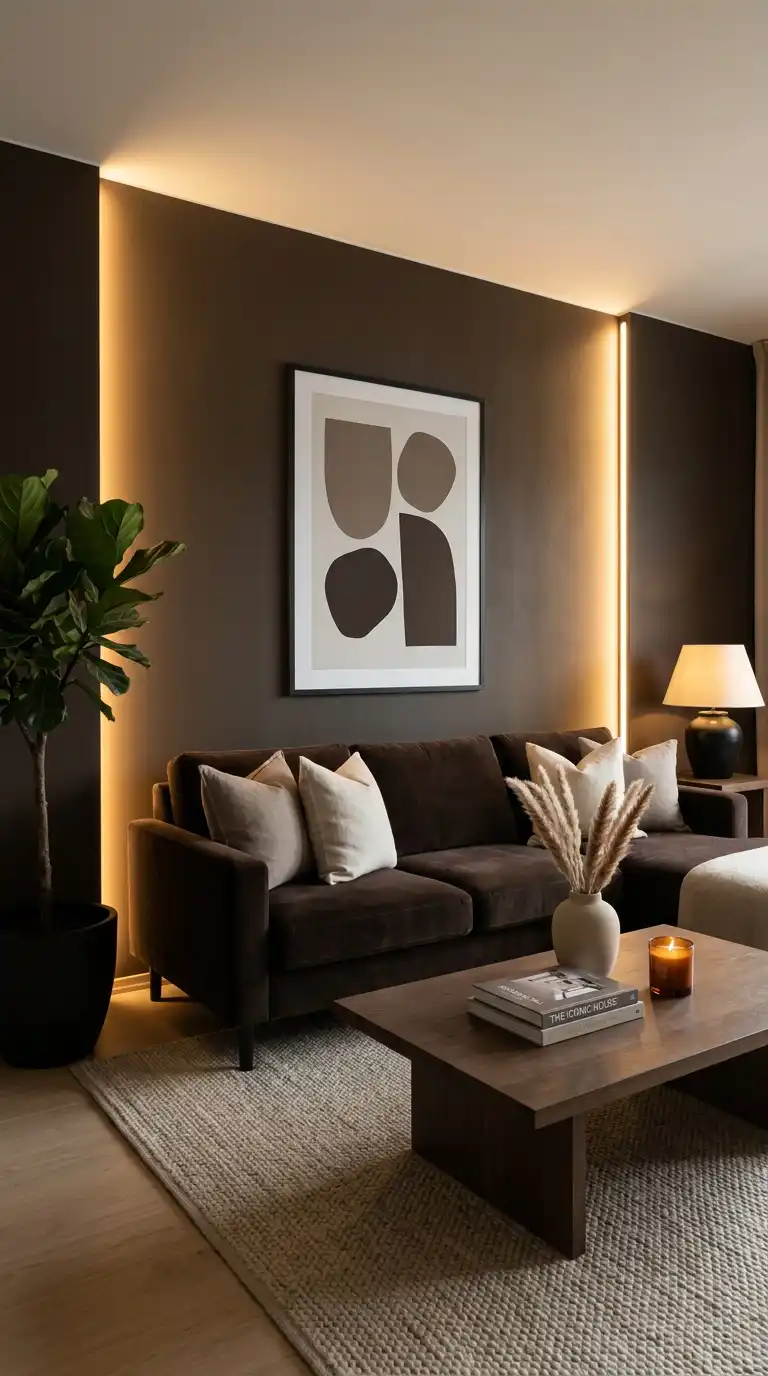 How Built-in Lighting Transforms a Dark Brown Living Room Space