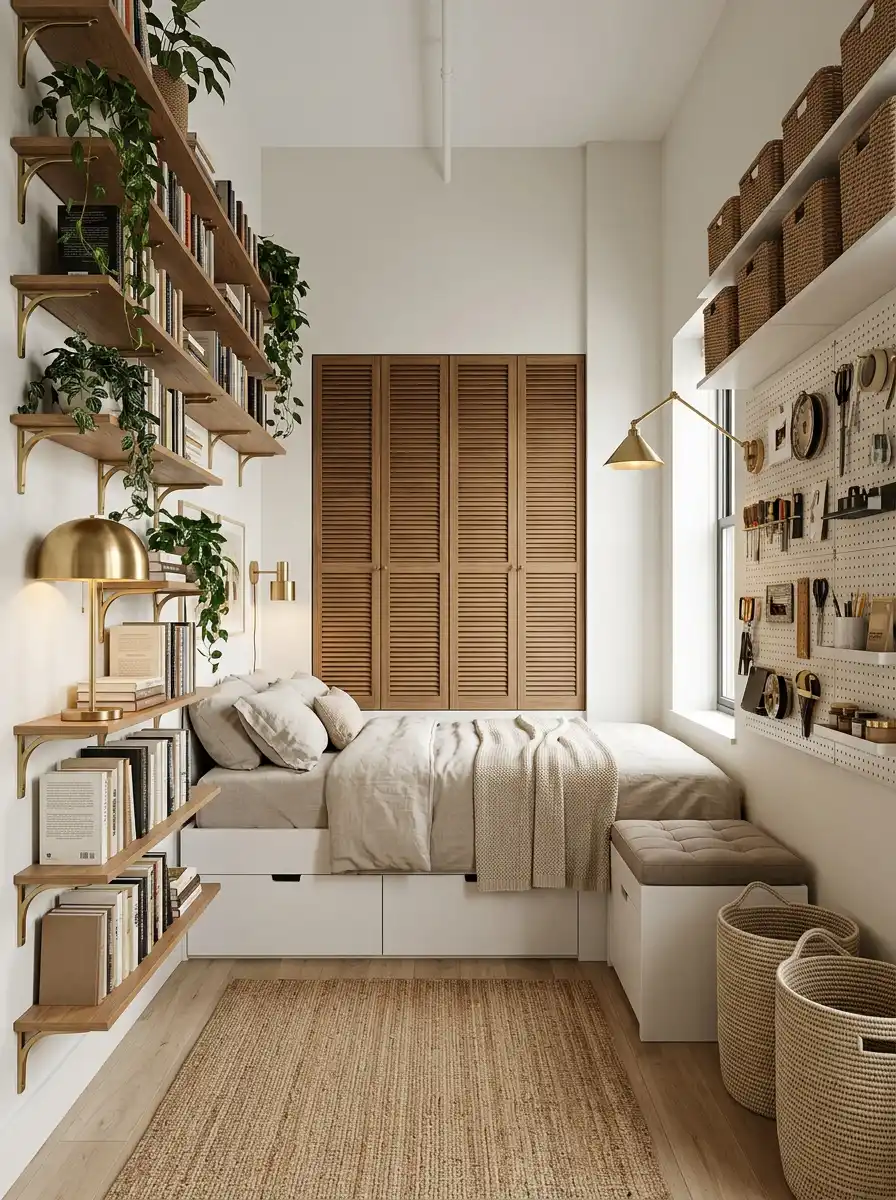 22.Industrial Meets Cozy: A Cleverly Zoned Small Bedroom Idea