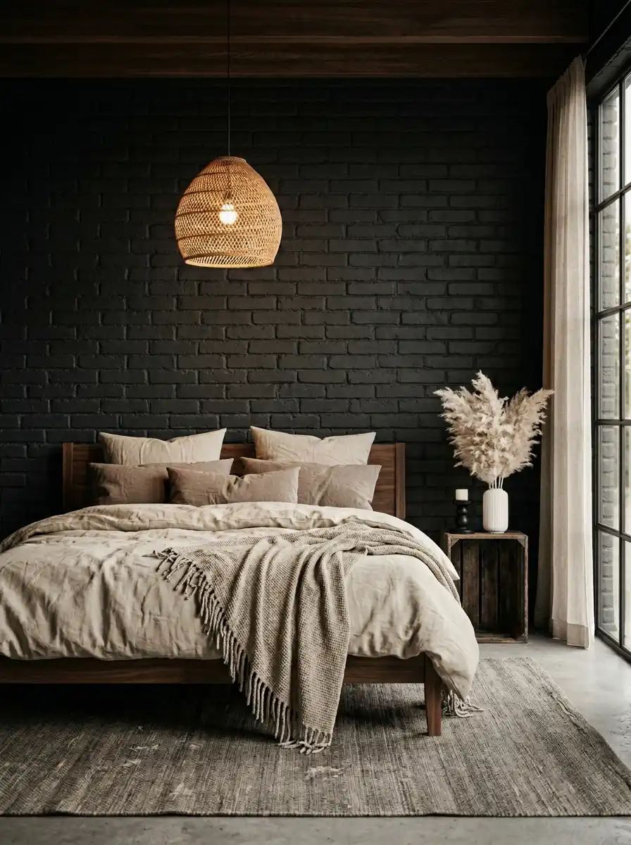 24.Industrial Warmth: Dark Painted Bricks and Abundant Linen in a Dark Cozy Bedroom Design