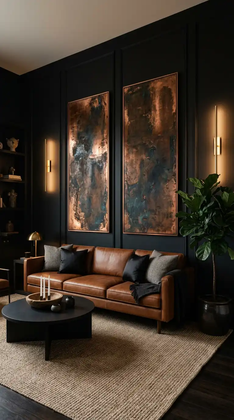 2.Infusing Metallic Warmth into Your Dark Moody Living Room Concept