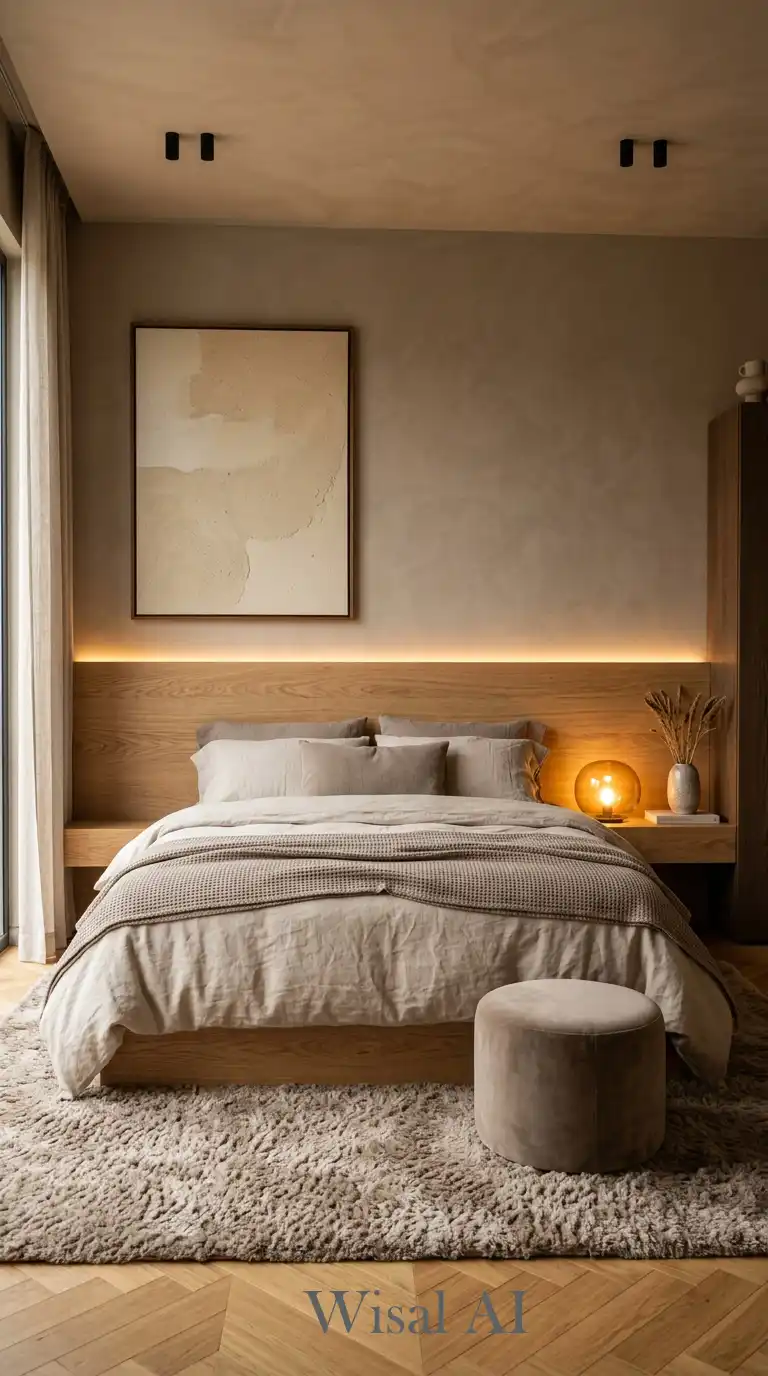 15.Japandi Influence: A Soft-Tone Luxury Brown and White Bedroom Vision