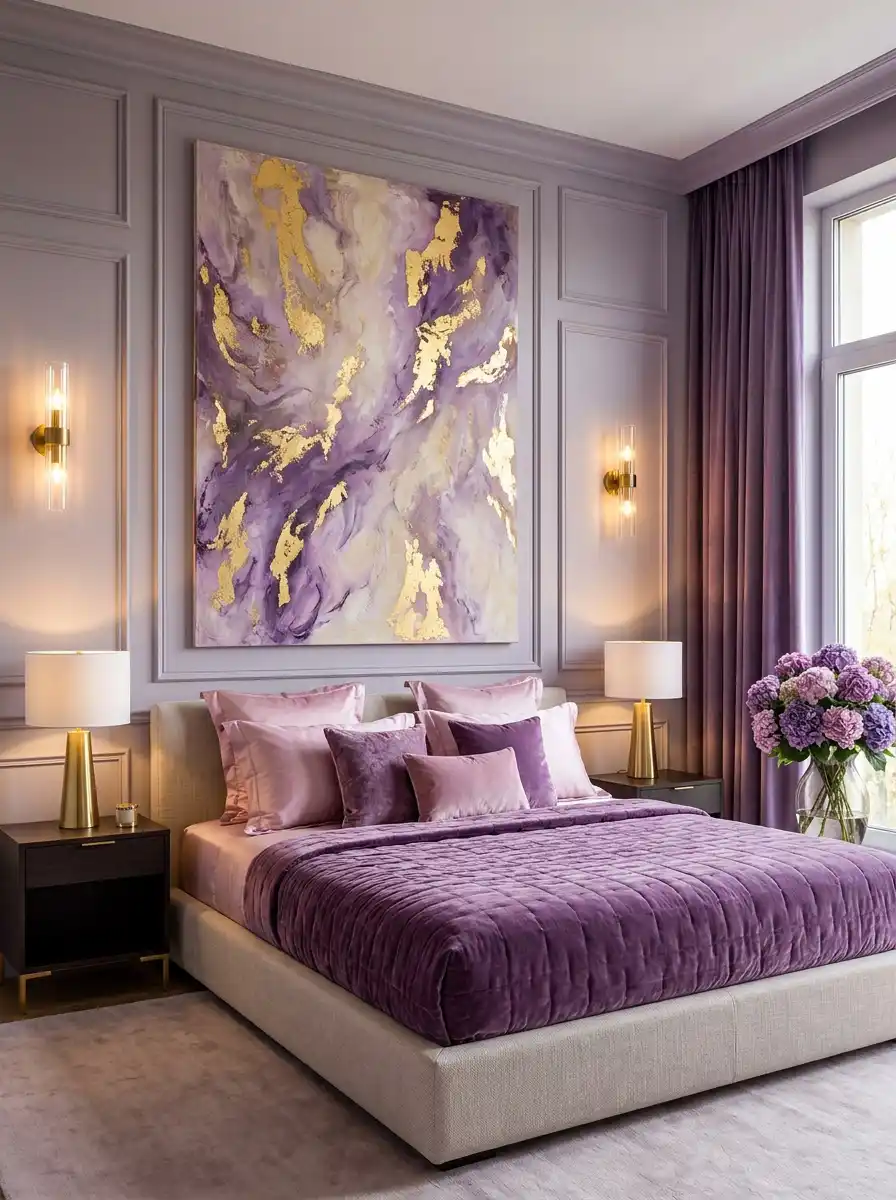 19. Lavender Gold Abstract: Modern Bedroom Ideas for Couples