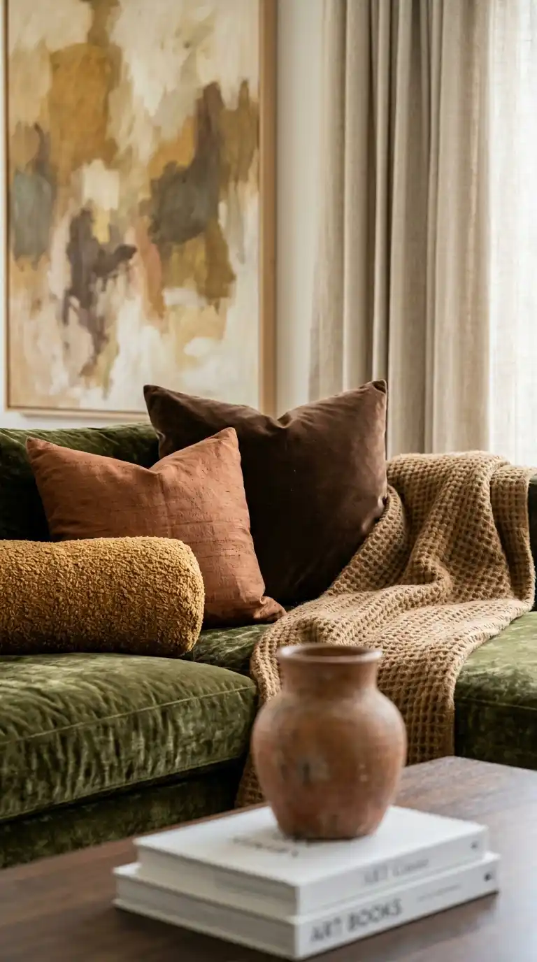 37.Layering Earthy Velvets and Linens with a Plush Olive Green Sofa