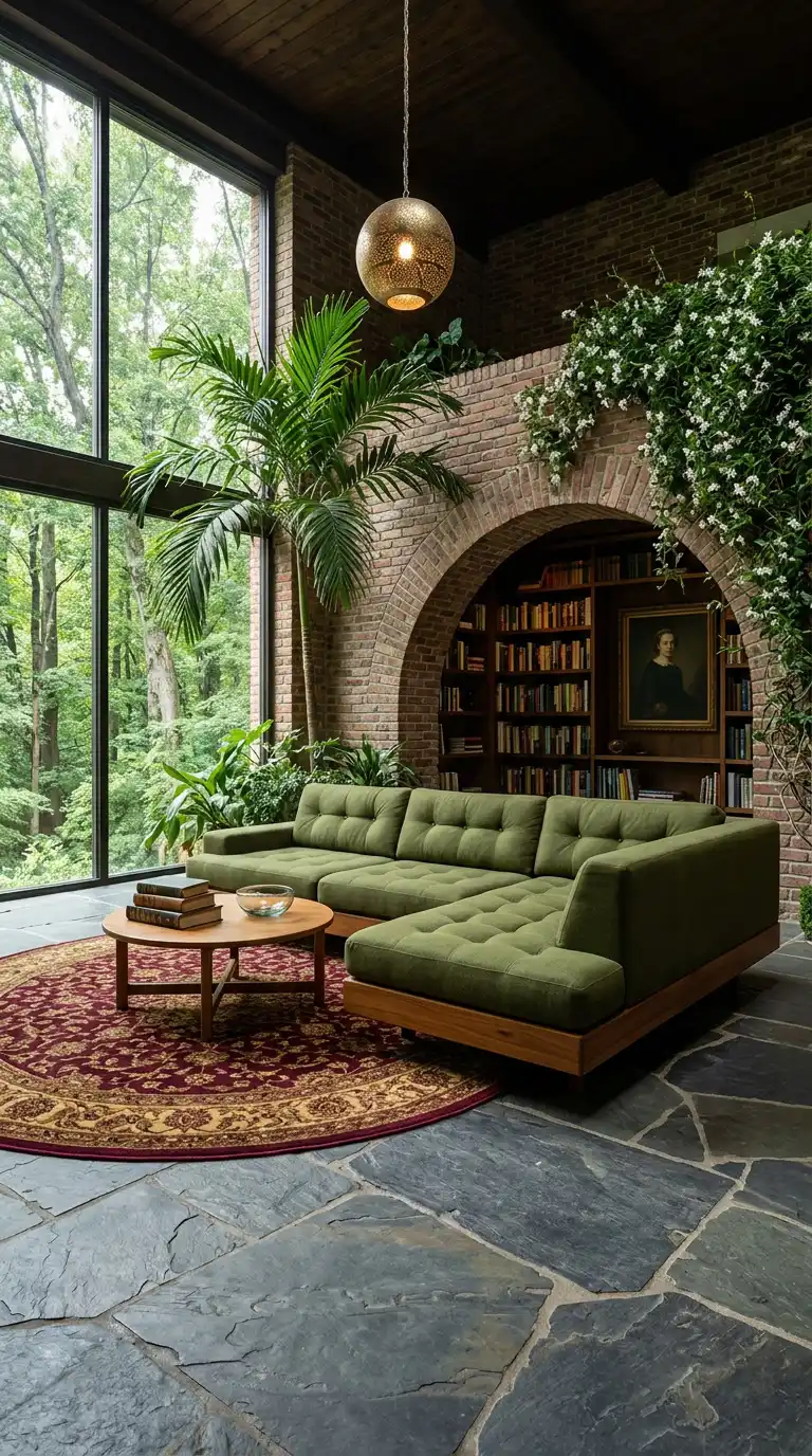 6.Living Forest: Integrating Nature with Olive Green Sofa Ideas