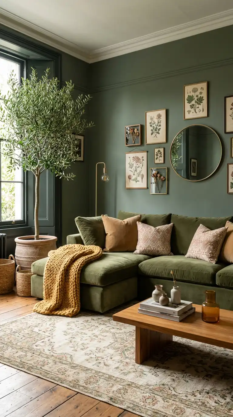 19.Creating a Tonal Green Paradise with an Olive Green Sofa and Indoor Trees