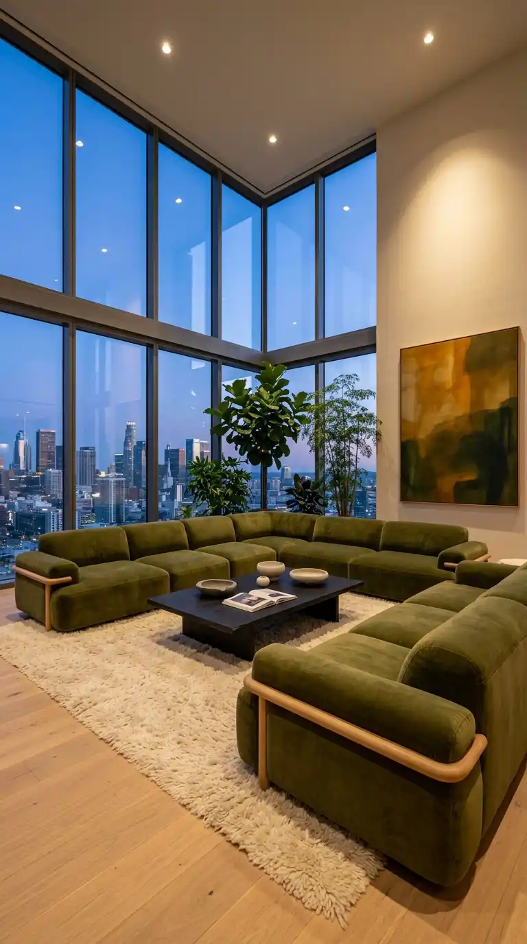 31.Luxurious Penthouse Views with a Modern Organic Olive Green Sofa