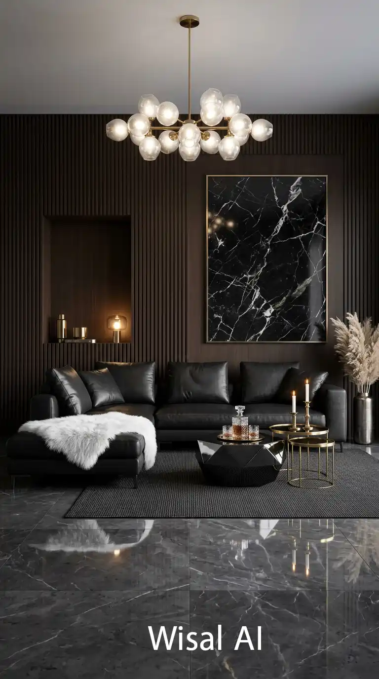 24.Luxurious Reflections in a High-Gloss Dark Moody Living Room Design
