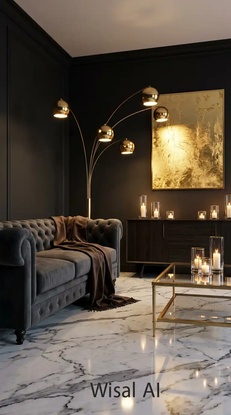 4. Luxury Finishes for a High-Contrast Dark Moody Living Room