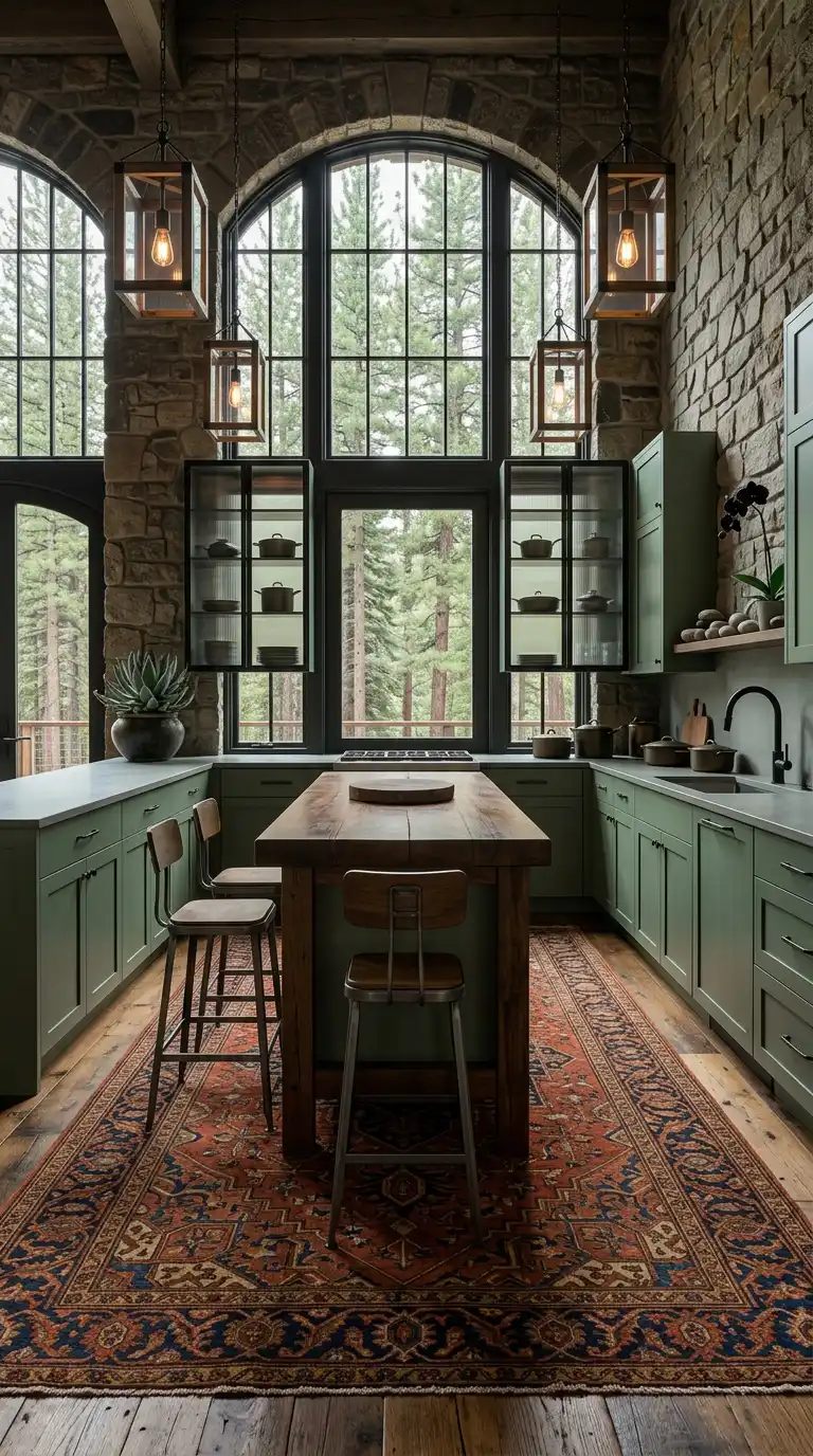 14.Sage Green and Hand-Knotted Textile Luxury Rustic Kitchen