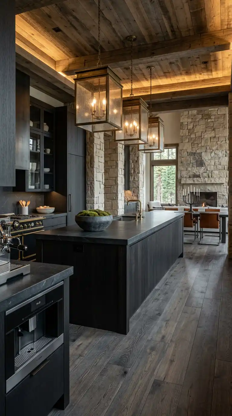 12.Limestone, Steel, and Dark Oak Luxury Rustic Kitchen Idea