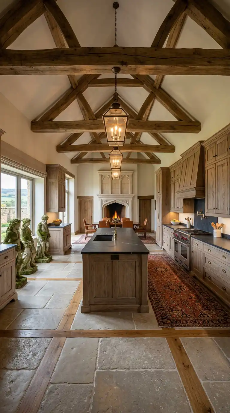 20.Ancient Oak and Limestone Fireplace Luxury Rustic Kitchen