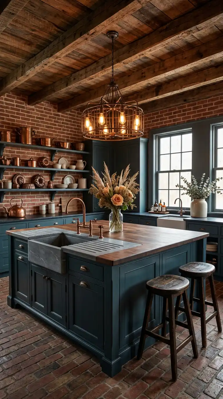 15.Deep Teal and Hammered Copper Luxury Rustic Kitchen Idea