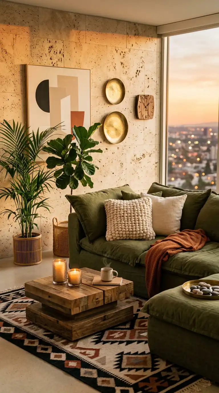 12.Mastering Organic Luxury: How to Style an Olive Green Sofa with Textured Stone Walls