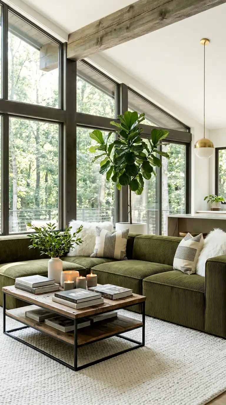 26.Mastering the Art of Organic Textures with a Ribbed Olive Green Sofa and Forest Views
