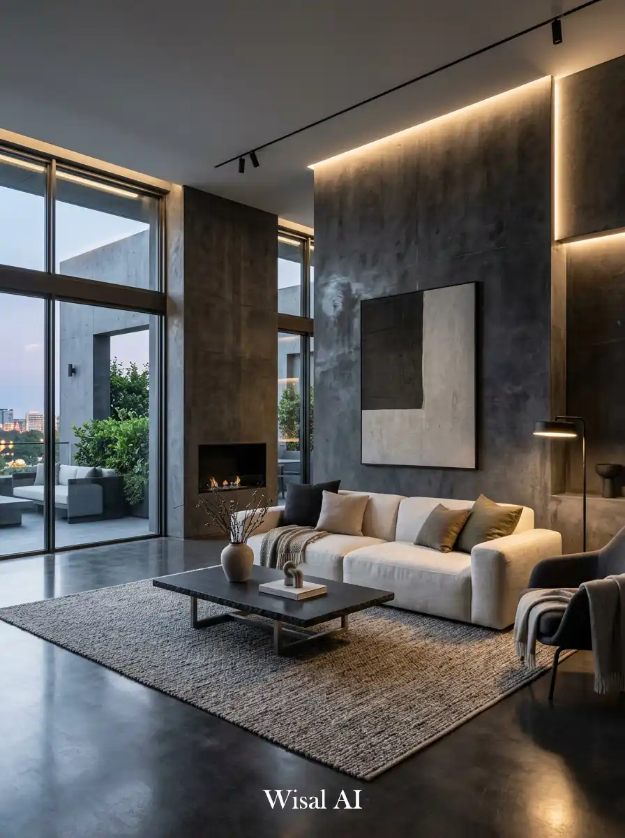 24. Minimal Dark Concrete Luxury Living Room
