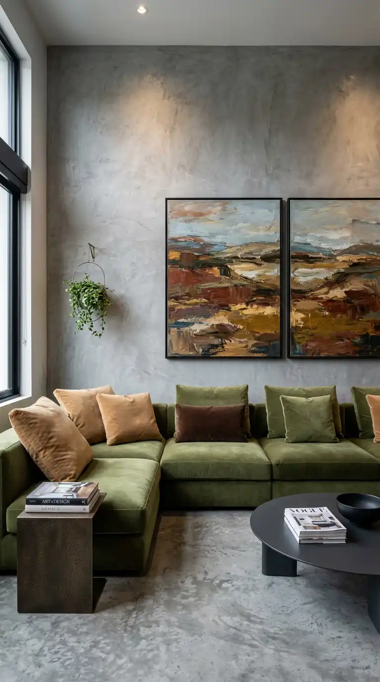 15.Using an Olive Green Sofa to Warm Up Concrete Industrial Spaces