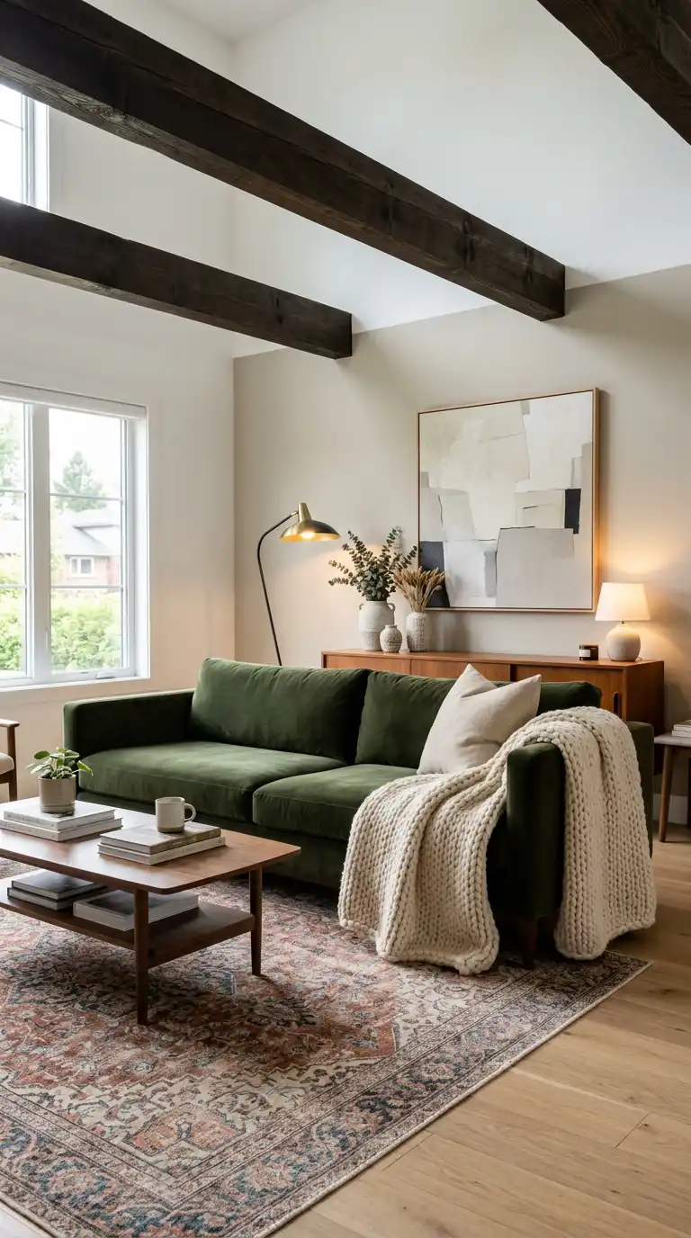 36.Minimalist Scandi-Style Interiors Grounded by a Deep Olive Green Sofa
