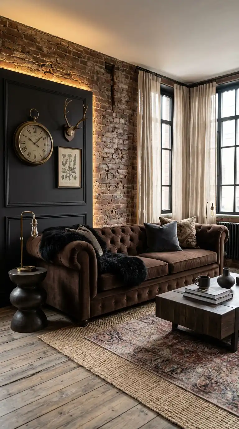 Mixing Exposed Brick with a Rich Dark Brown Living Room Theme