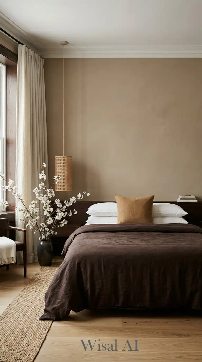 8.Modern Anchor: Visual Balance in a Luxury Brown and White Bedroom