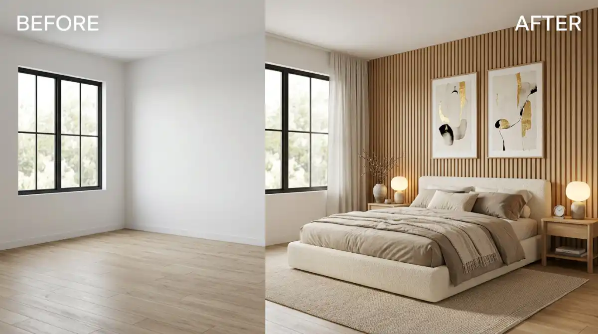 19.Japandi Bedroom Idea Before and After: Transforming a Minimalist Space with Warmth and Texture