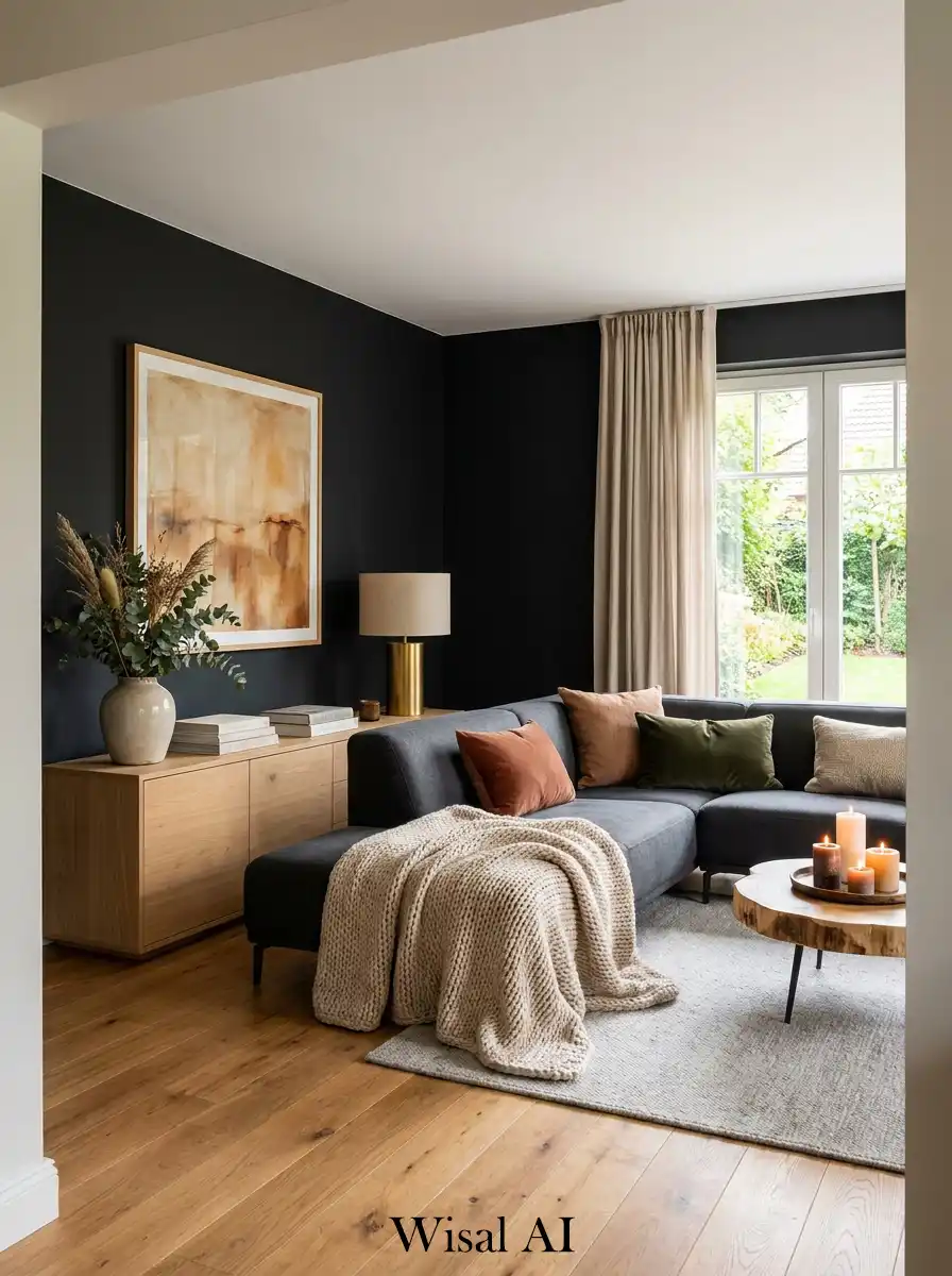 Modern Black and Wood Living Room Idea: Seamless Sophistication and Organic Warmth