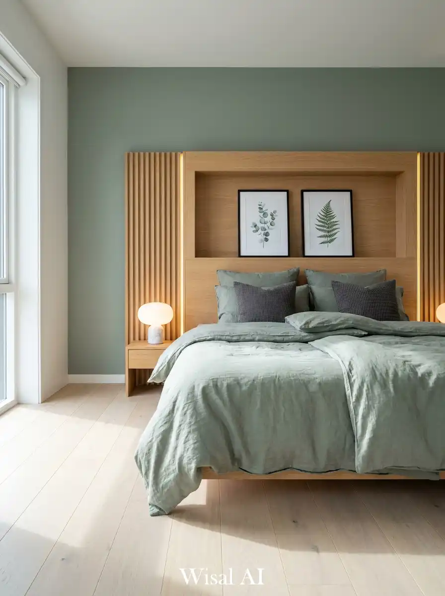 27.Modern Japandi Elegance: Luxury Sage Green Bedroom