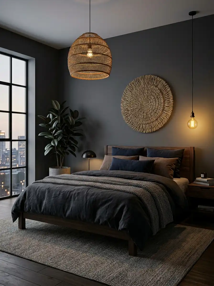 25.Modern Opulence: Woven Art, Golden Filament Bulbs, and Textured Layers for a Dark Cozy Bedroom Design