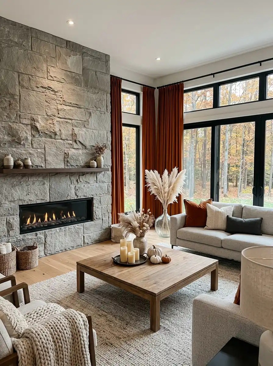 12. Stone and Velvet Harmony Cozy Living Room Idea