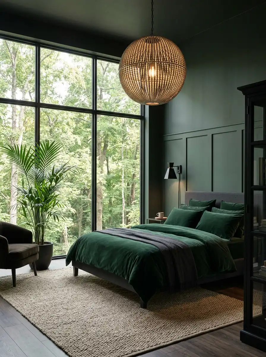 15.Modern Tranquility with a Forest View (Green Bedroom Ideas)