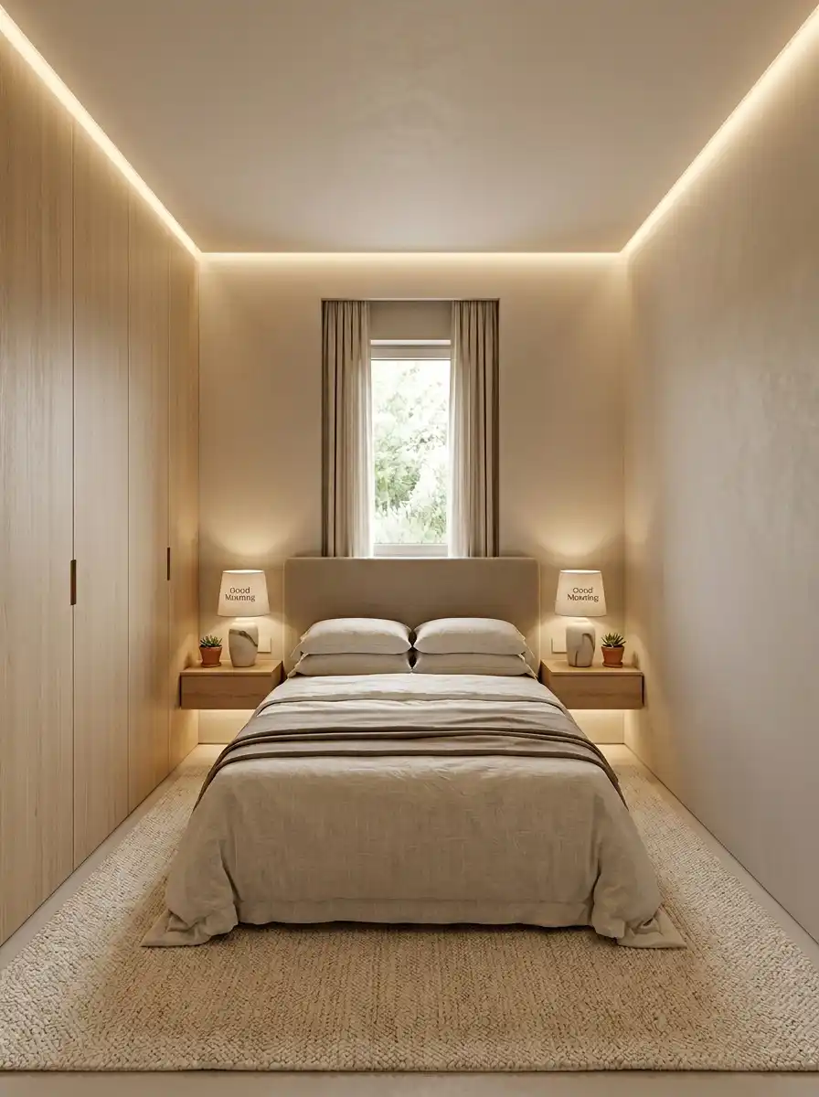 Monochromatic Serenity with Integrated Lighting (Small Bedroom Idea)