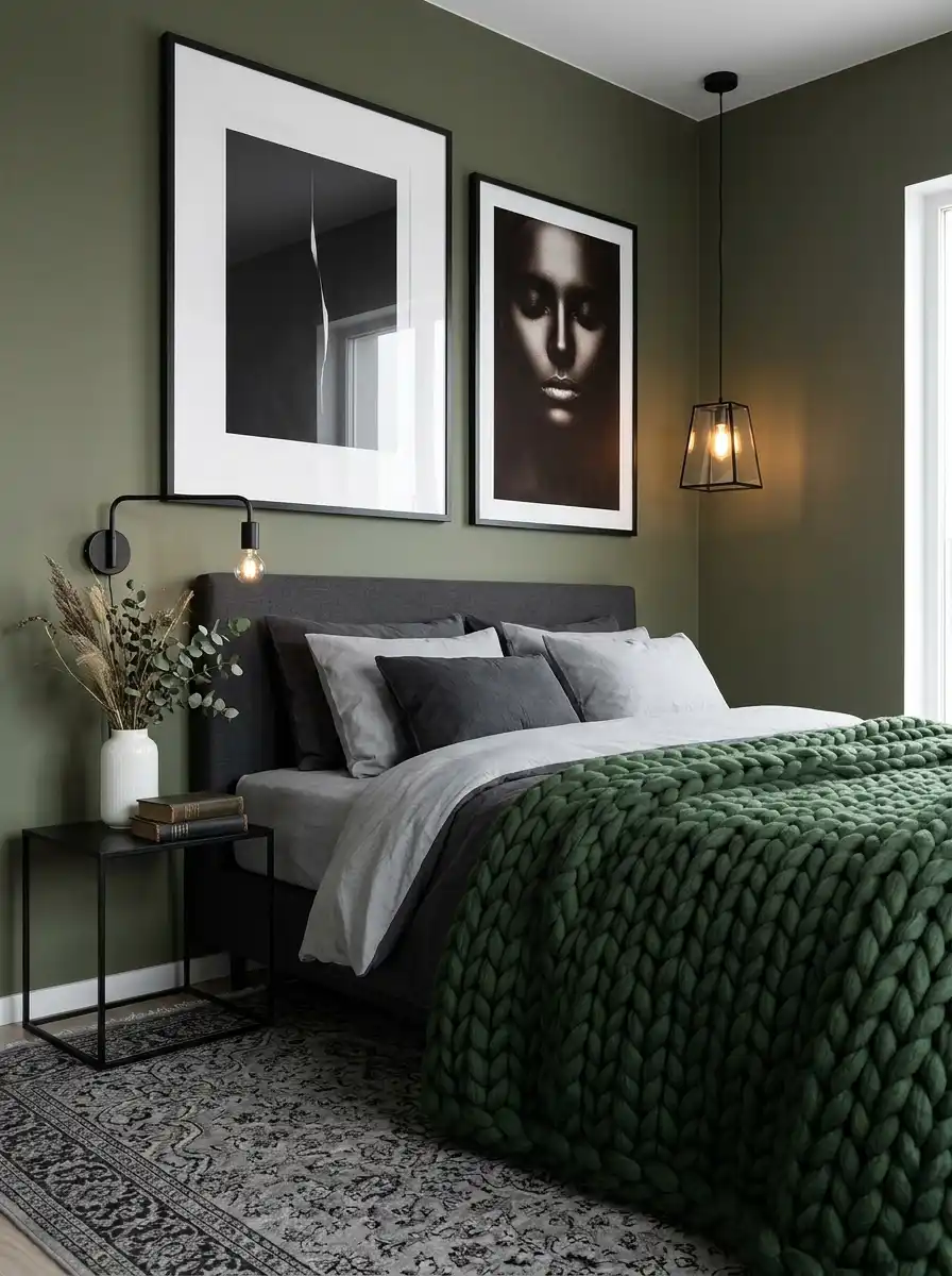 13.Monochromatic Simplicity with a Chunky Knit (Green Bedroom Ideas)