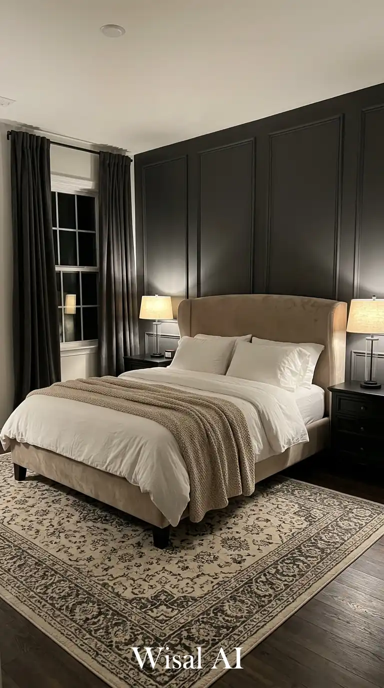 Dramatic Depth: A Sanctuary of Deep Tones and Glowing Warmth Black and White Bedroom Idea