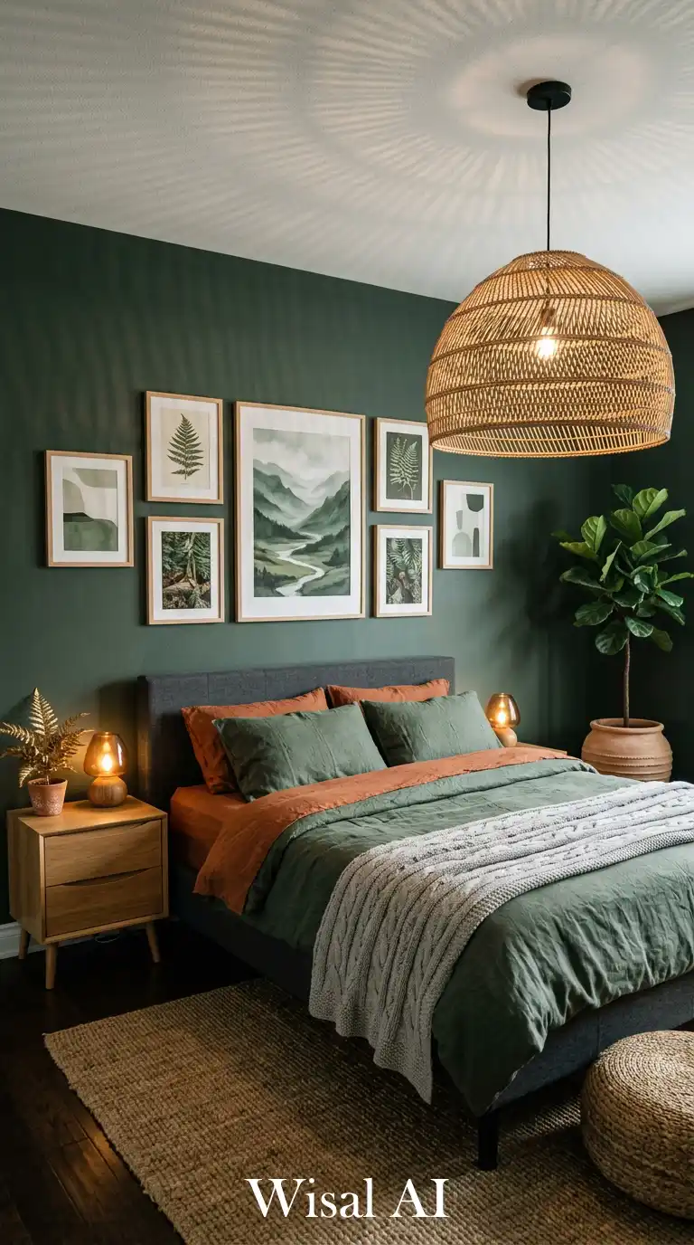 24.Mood and Light: A Deep Sage Green Bedroom Idea with Dramatic Lighting