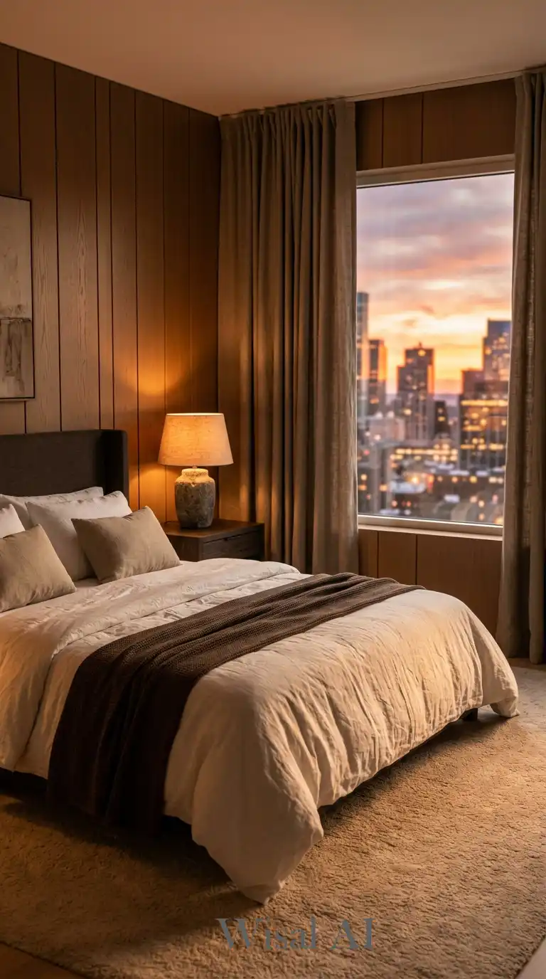 4.Moody Elegance: Sunset Vibes in a Luxury Brown and White Bedroom