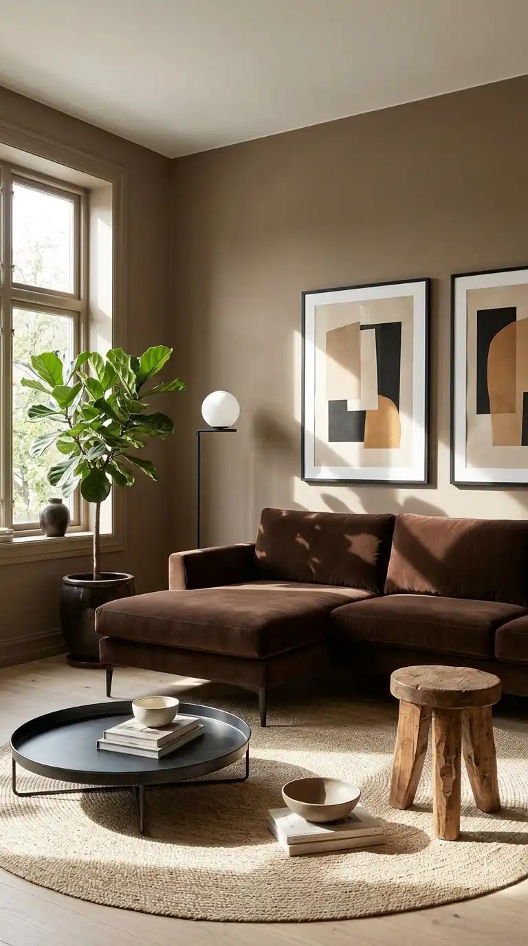Natural Light and Organic Textures in a Dark Brown Living Room